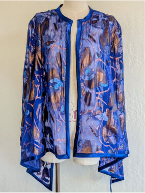 Blue Sheer Metallic Floral Kimono Jacket Boho Evening Overlay Statement Topper